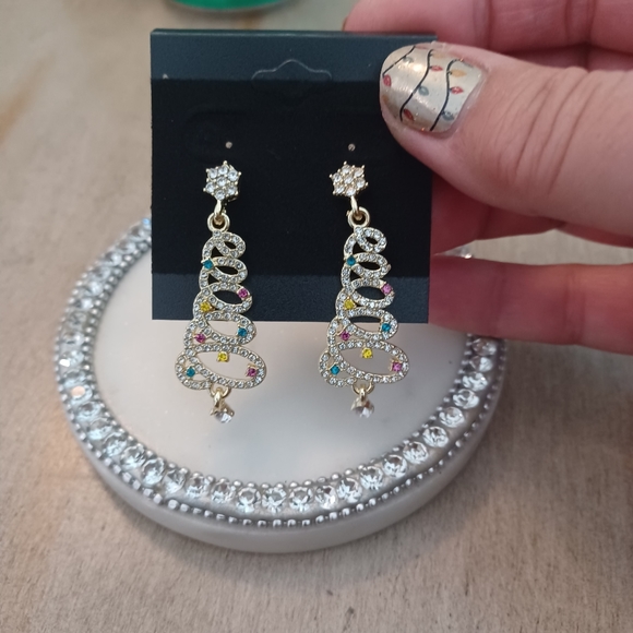 Gold Rhinestone Christmas Tree Star Drop Stud Earrings - Picture 2 of 7